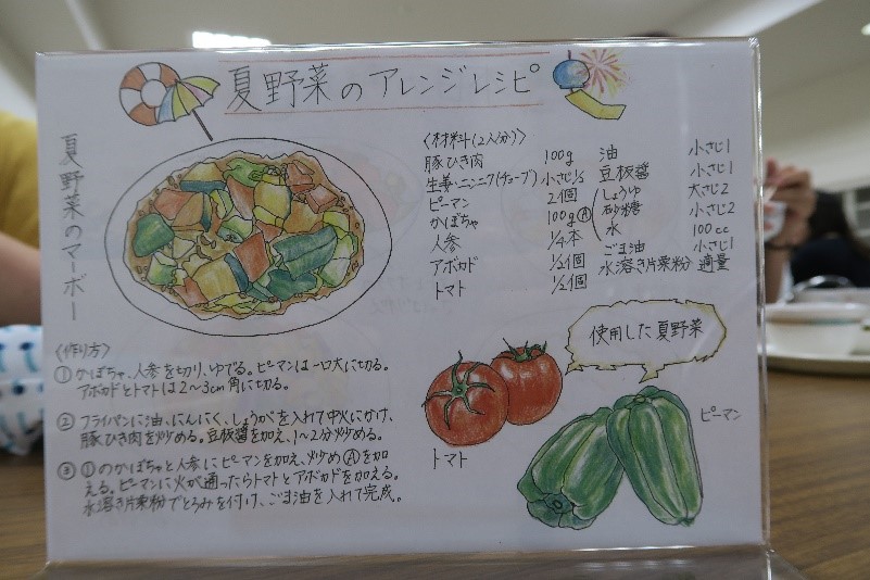 炒め物のレシピや配膳の見本が描かれたプレート