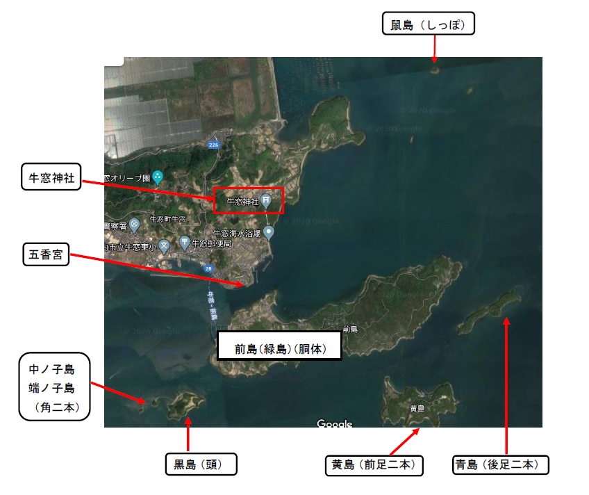 図３：「牛鬼」としての島々（牛窓神社宮司 岡﨑義弘氏直話）（作成：東城敏毅）