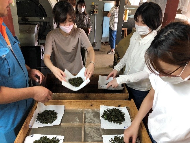収穫した茶葉の加工作業　　　　　　　　　　　　　　　　　　　　　　　　　　　　　　　（2020年7月19日二階堂撮影）