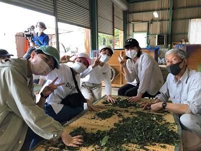 高梁紅茶の生産者、藤田泉さんと茶葉の加工に励む学生たち（2022年5月22日　二階堂撮影）