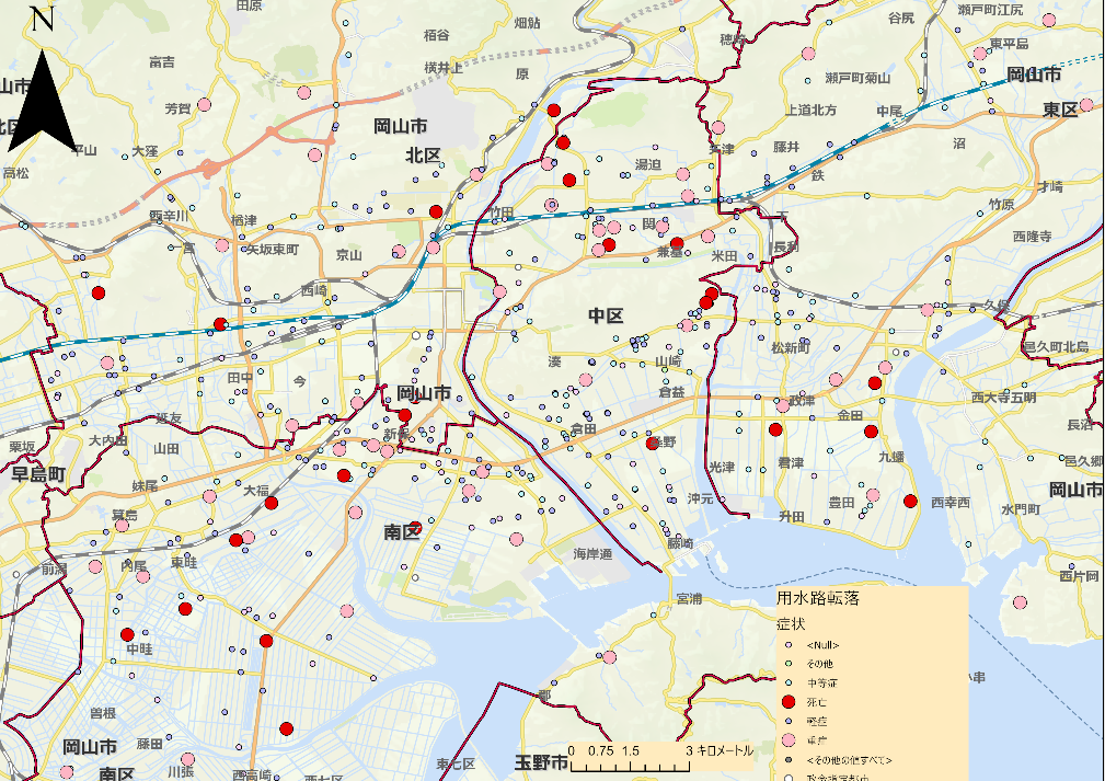 用水路転落事故の分布と症状（岡山市消防局のデータを活用して作成）